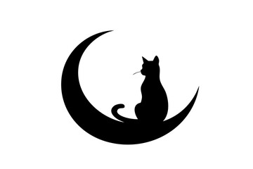 Naklejka premium A serene silhouette of a cat sitting on a crescent moon, evoking a peaceful night atmosphere.