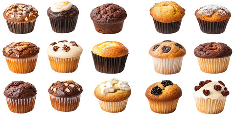 Various muffins with different toppings and flavors isolated on white and transparent background
