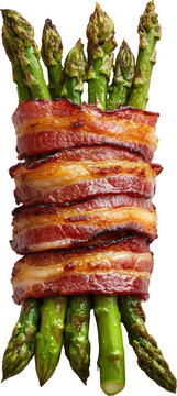Bacon-wrapped asparagus bundle on a white background