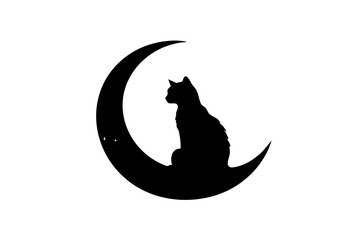 Naklejka premium A whimsical silhouette of a cat sitting on a crescent moon, ideal for night-themed designs and illustrations.