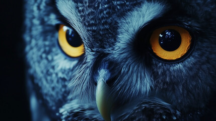 closeup round yellow eyes of great gray owl looking away at dark night