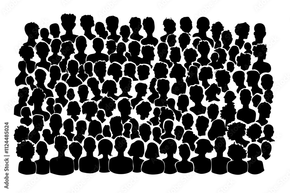 Poster a diverse collection of black silhouettes representing a crowd of people, emphasizing unity and comm