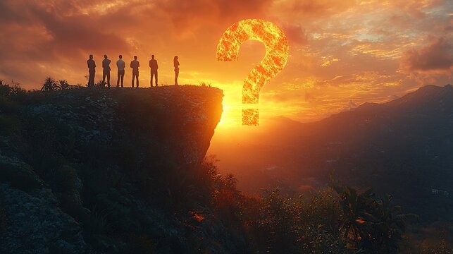 Business Team Facing Uncertain Future at Cliff s Edge with Looming Question Mark