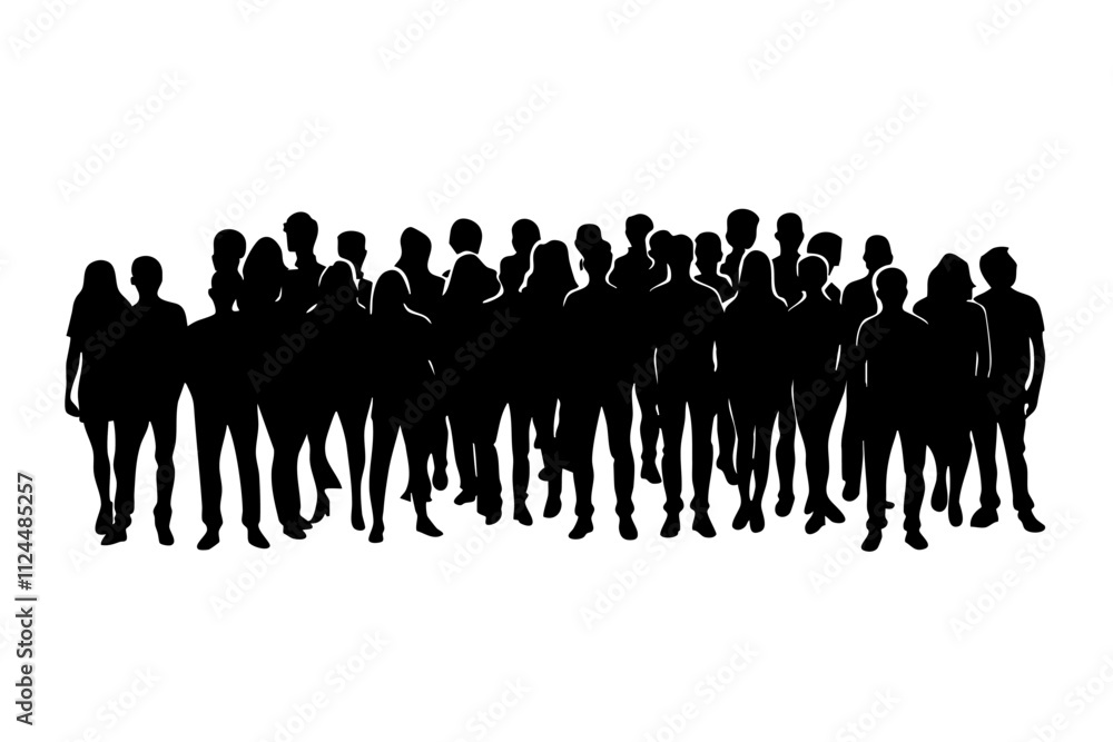 Poster a diverse group of people in silhouette form standing together, representing unity and community in 