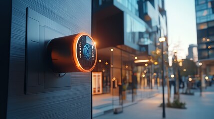 Smart home assistant with surveillance integration featuring a glowing circular camera lens