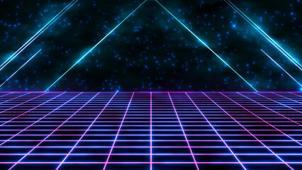 Retrowave style 80s-90s futuristic grid wireframe backdrop cyberpunk. Digital landscape neon retro party laser pattern background.