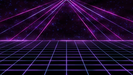 Retrowave style 80s-90s futuristic grid wireframe backdrop cyberpunk. Digital landscape neon retro party laser pattern background.