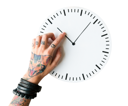 Hand and clock png sticker, transparent background