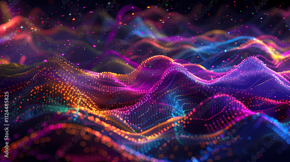 Poster cosmic waves: a mesmerizing abstract background showcasing a vibrant, multi-colored wave of particle