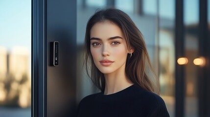 Smart lock and camera combo on a sleek black door, showing integrated notifications on a screen