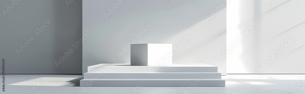 Poster minimalist product display: a pristine white platform with a grey backdrop bathed in soft sunlight, 