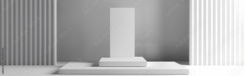 Poster minimalist product display: a pristine white podium with a vertical backdrop, perfect for showcasing
