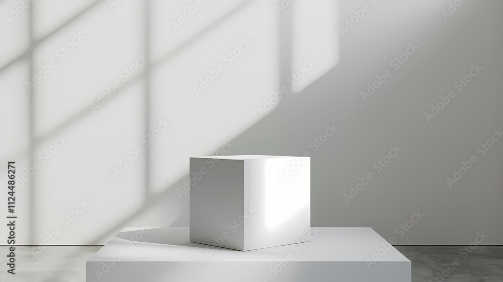 Poster sunlit cube mockup: minimalist product display with a white cube on a platform, bathed in soft sunli