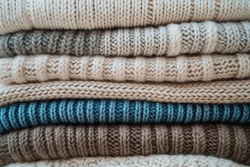 cozy stack of knitted sweaters in neutral colors, close-up view, showcasing texture and warmth, perfect for winter fashion, home decor, and holiday promotions.
