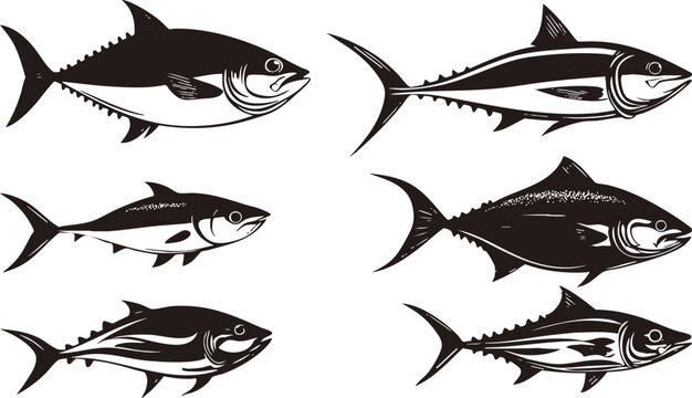 A collection of illustrated fish, showcasing various tuna species in a stylized black silhouette design.