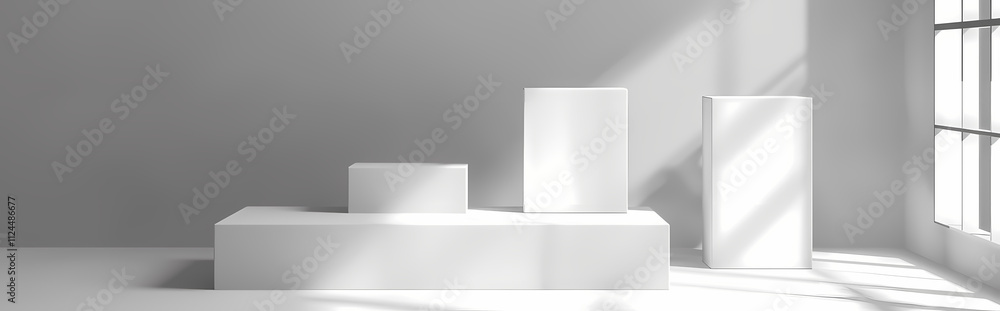 Poster minimalist product display: a clean and modern product display with three white platforms illuminate