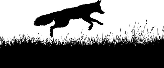 A striking silhouette of a fox running through tall grass against a white background, symbolizing freedom and agility.