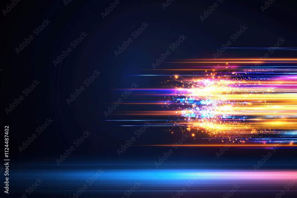 Poster bright colorful light trails with motion effect on dark background