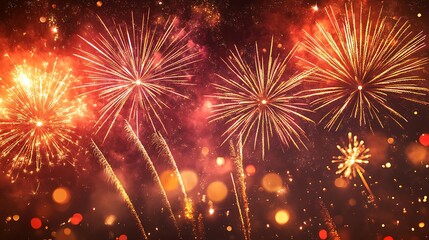 Obraz premium Celebratory fireworks display over city skyline nighttime festival