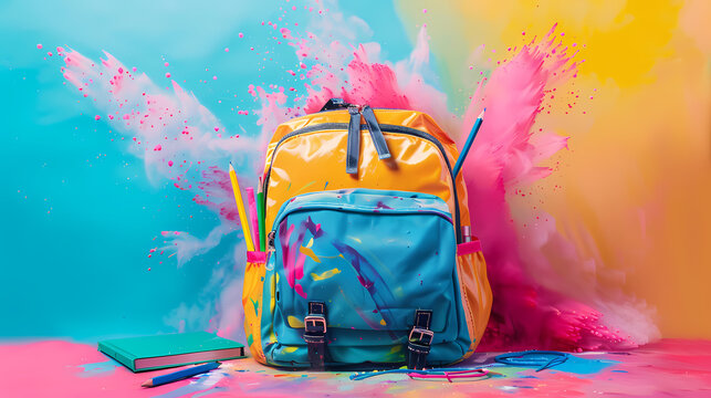 Backpack Blast: A vibrant yellow and blue backpack bursts with color, symbolizing the excitement and creativity of a new school year.  
