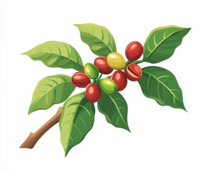 Vibrant Coffee Plant Branch Featuring Ripe Red, Yellow, and Green Coffee Cherries Nestled Amidst Lush Green Leaves Against a Clean White Background