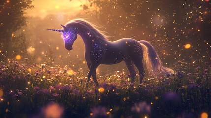 A glowing purple unicorn standing in a field of enchanted flowers, surrounded by mist and sparkling lights.