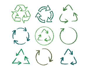 Recycle arrow hand drawn pencil line icon set. Crayon green recycle arrow chalk Icon Vector drawing