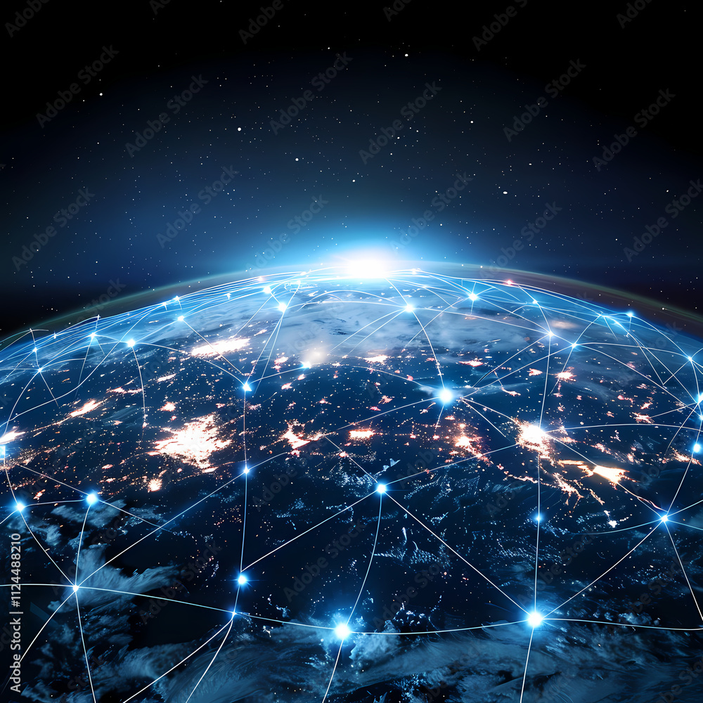 Poster global network: a stunning abstract illustration of earth at night with a network of glowing lines a
