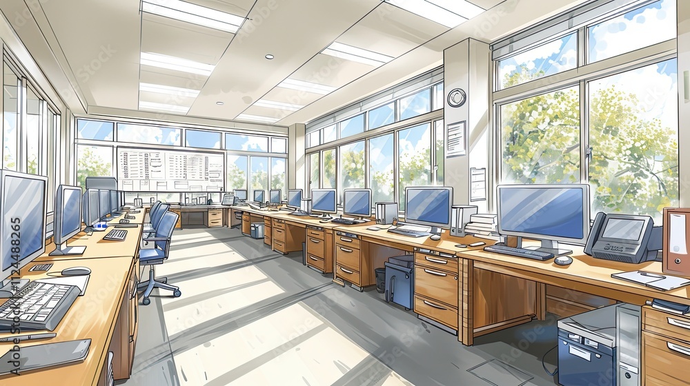 Poster modern office workspace with large windows and multiple computer stations during daylight hours