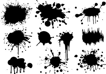 A collection of black ink splats and stains ideal for artistic designs, backgrounds, or creative projects.