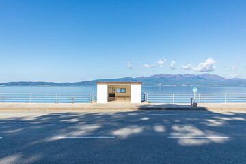 Senago bus stop on Sado Island, Niigata, with the sea in the background. 背合バス停 佐渡島
