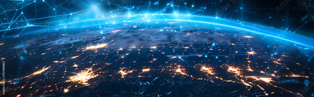 Poster global network connection: a mesmerizing view of earth at night, illuminated by a vibrant network of