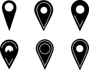 Set of six black location markers, ideal for map applications, navigation tools, or travel-related designs.