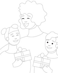 Coloring Book with Happy Family with Children with Gift Boxes, Outline Christmas Vector Stock Illustration