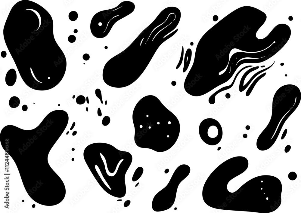 Poster a collection of abstract black and white shapes and fluid forms, suitable for modern design projects