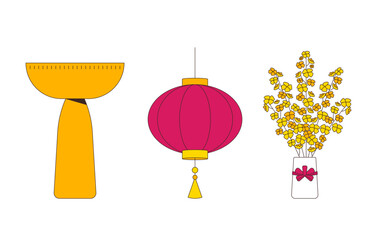 Traditional chinese furniture decorations 2D cartoon objects set. Vintage oriental side table, hanging lantern, blossoms isolated elements flat vector cliparts on white. Spot illustrations collection
