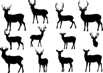 Naklejka premium A collection of black silhouettes of deer in various poses, showcasing both male and female forms, suitable for graphic design.