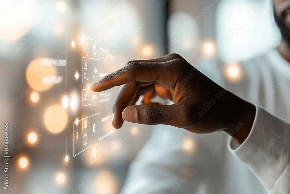 Poster gesture of a person interacting with a digital interface displaying technology and innovation in a m