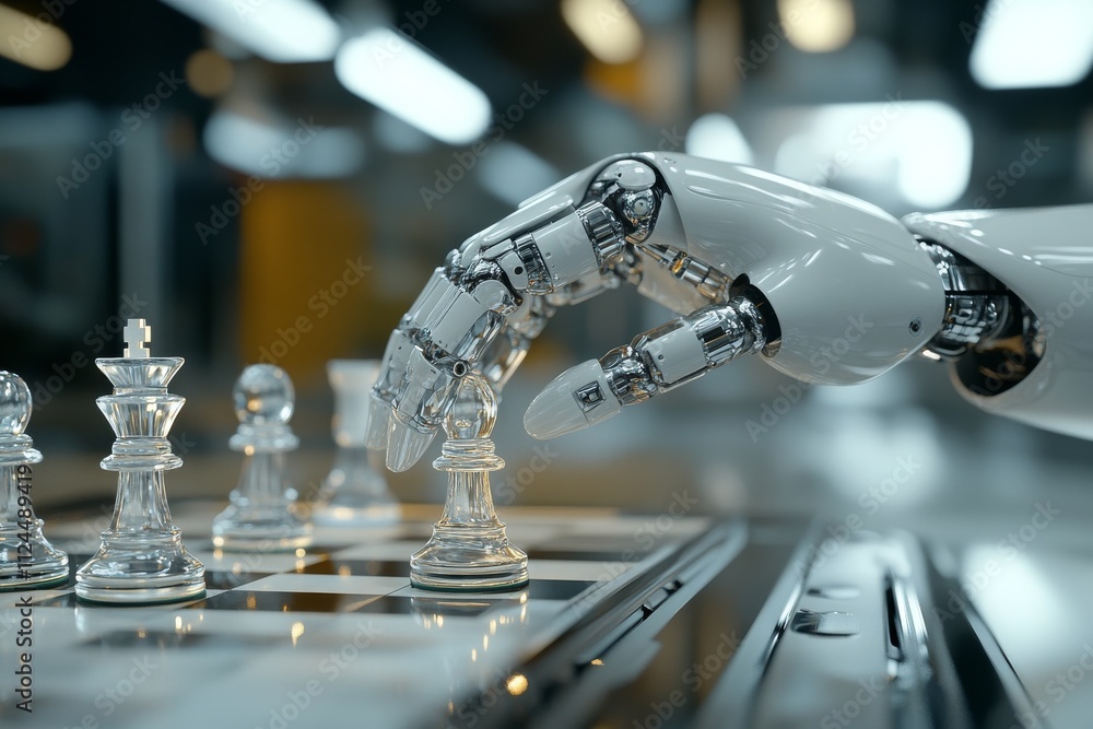 Aufkleber robotic arm engages in a chess match in a modern, high-tech setting during daytime