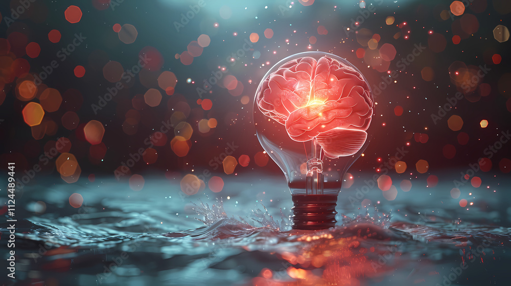 Poster brainpower illuminated: a mesmerizing abstract image of a lightbulb revealing a glowing human brain,