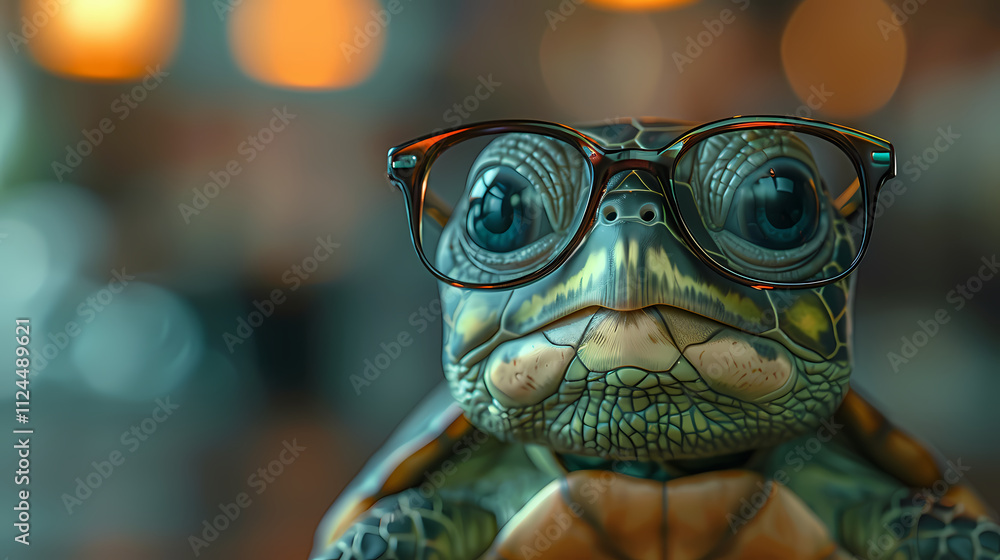 Poster professor turtle: a close-up shot of an adorable turtle wearing glasses, creating a whimsical and in