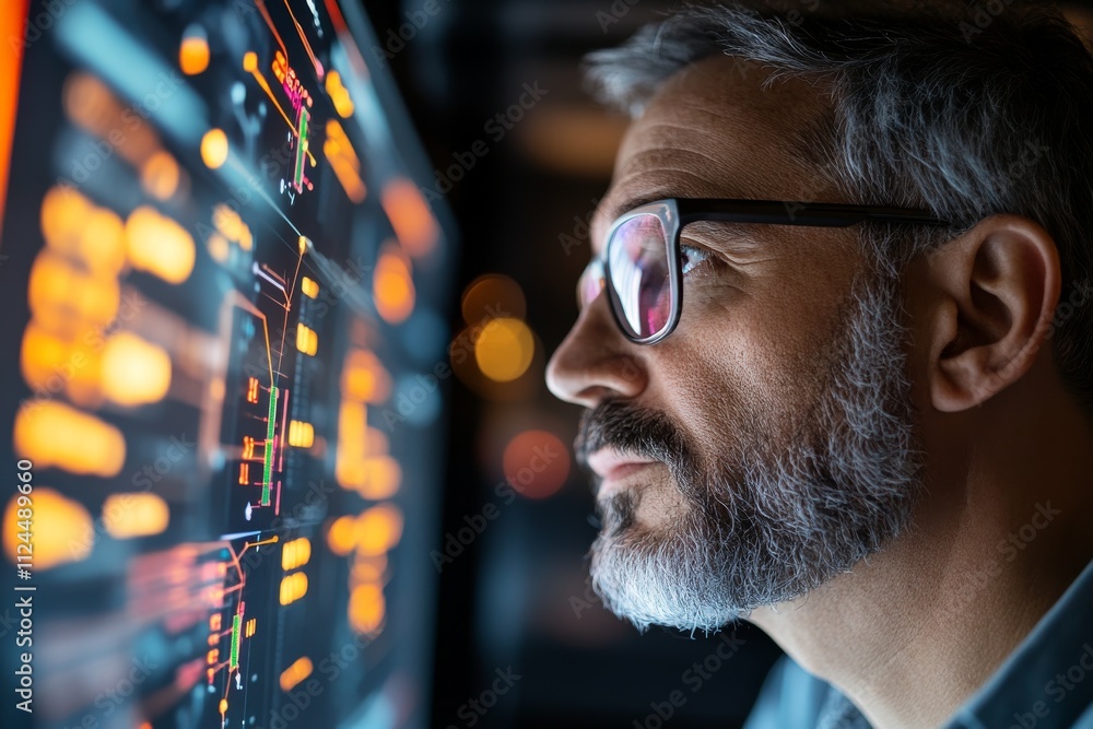Poster professional analyzing data on a digital screen during an evening work session in a modern office