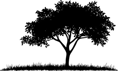 A black silhouette of a tree with a wide canopy and grass at the base, ideal for nature-themed designs.