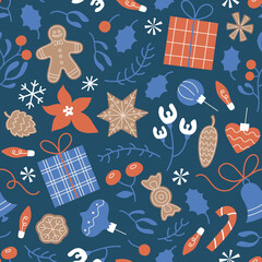 Seamless pattern with gifts, lollipops, candies, balls, baubles, gingerbread cookies. Vintage cute floral festive winter background