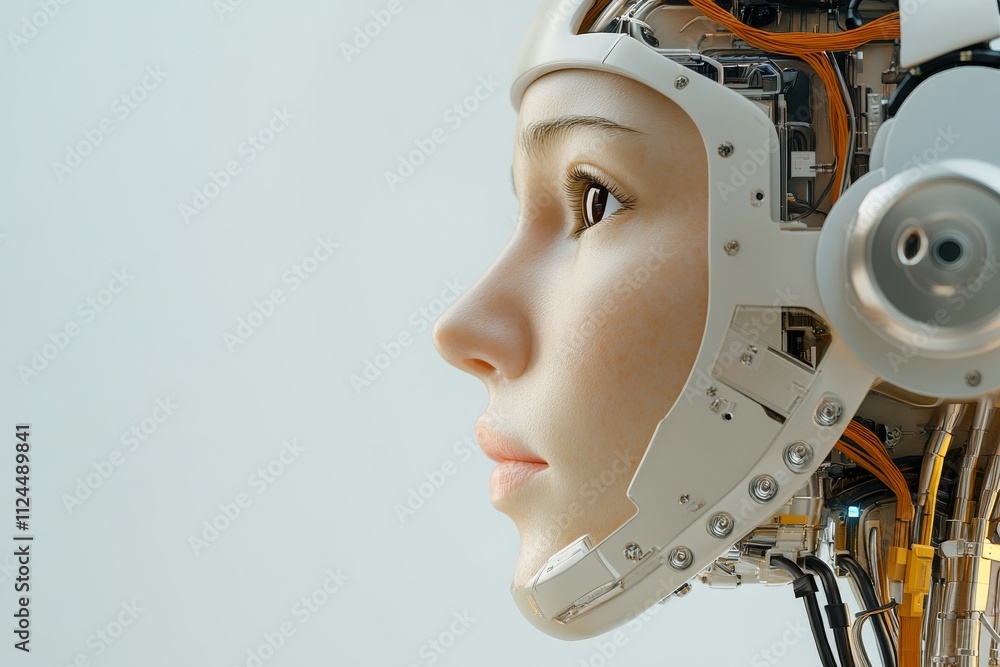 Poster detailed close-up of a humanoid robot's face highlighting advanced technology and design elements