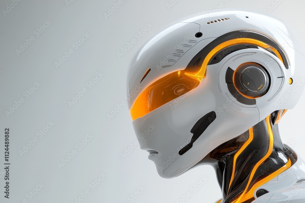 Poster futuristic robot head design showcasing advanced technology and sleek aesthetics in a minimalistic s