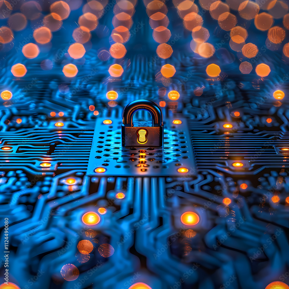 Aufkleber cybersecurity shield: digital fortress. a padlock secures a circuit board, symbolizing robust data p
