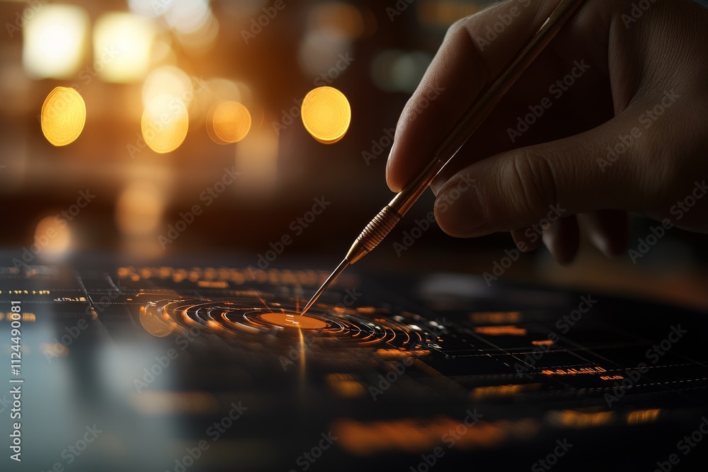Poster hand interacting with a digital interface displaying complex patterns and glowing elements in a diml