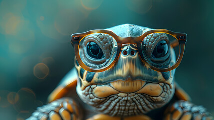 Turtle in Glasses: A close-up portrait of a turtle wearing glasses, with a serious expression on its face. The image evokes a sense of humor and wit, as well as a touch of irony.