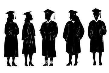 Silhouettes of diverse graduating students in caps and gowns celebrating their academic achievement at a graduation ceremony.